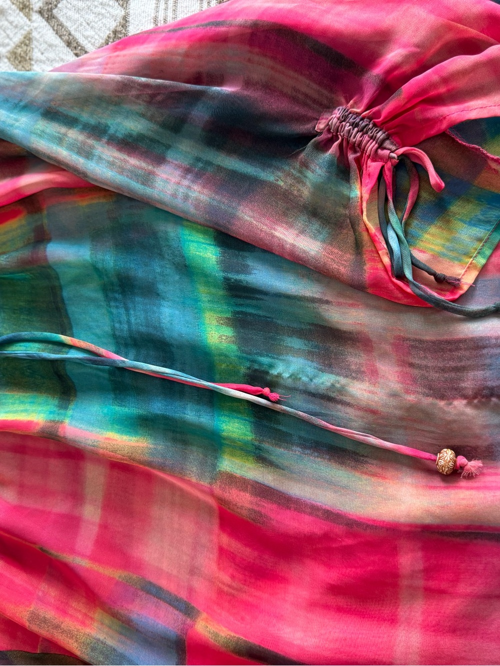 Catherines Sheer Multicolor Tie-Neck Tunic - Pink & Green - Picture 4 of 5